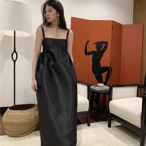 Christmas Black Satin Evening Gown with Pockets